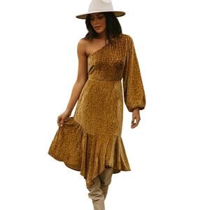 Molly Green Zion Burnout Velvet‎ Dress L Gold Brown One Shoulder Retro Glam Boho